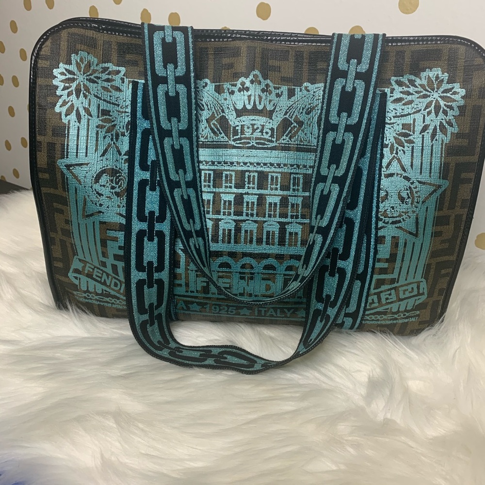 FENDI Zucca Spalmati Palazzo Aqua Print Web Tote - Picture 1 of 14